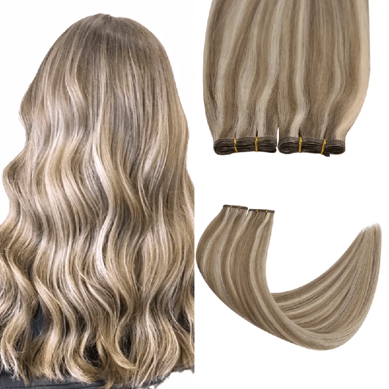 Flat Silk Weft PU Sew In Human Virgin Hair Blonde Highlights Platium Blonde For Women #P8/60