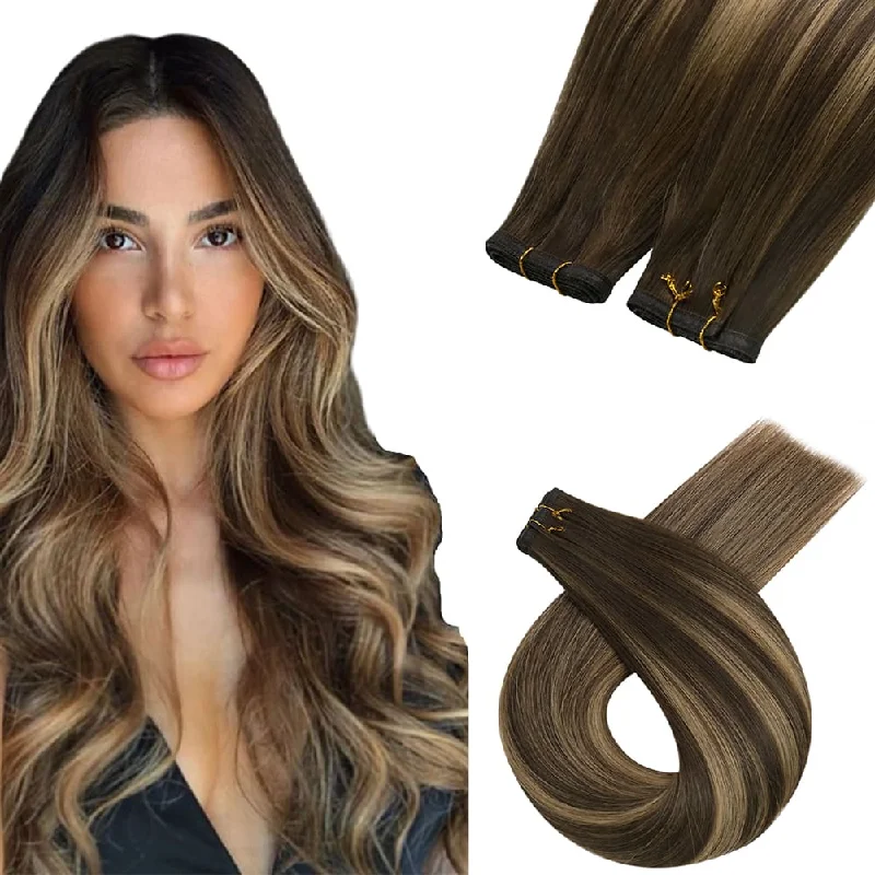 Flat Silk Weft PU Sew In Virgin Hair Balayage Brown Real Human Weft Hair #BM