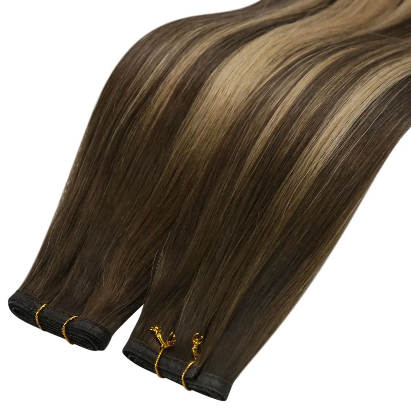 Flat Silk Weft PU Sew In Virgin Hair Balayage Brown Real Human Weft Hair #BM