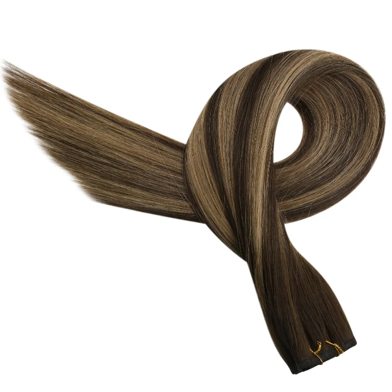 Flat Silk Weft PU Sew In Virgin Hair Balayage Brown Real Human Weft Hair #BM