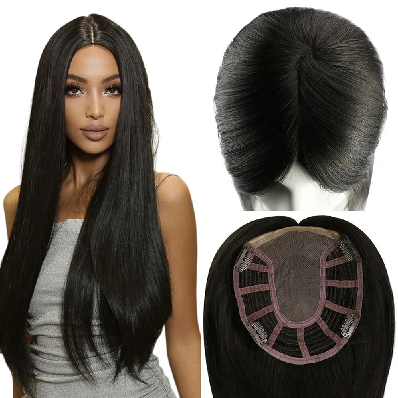 Natural Black Virgin Hair Mono Topper Human Hair Clip in Toupee #1B