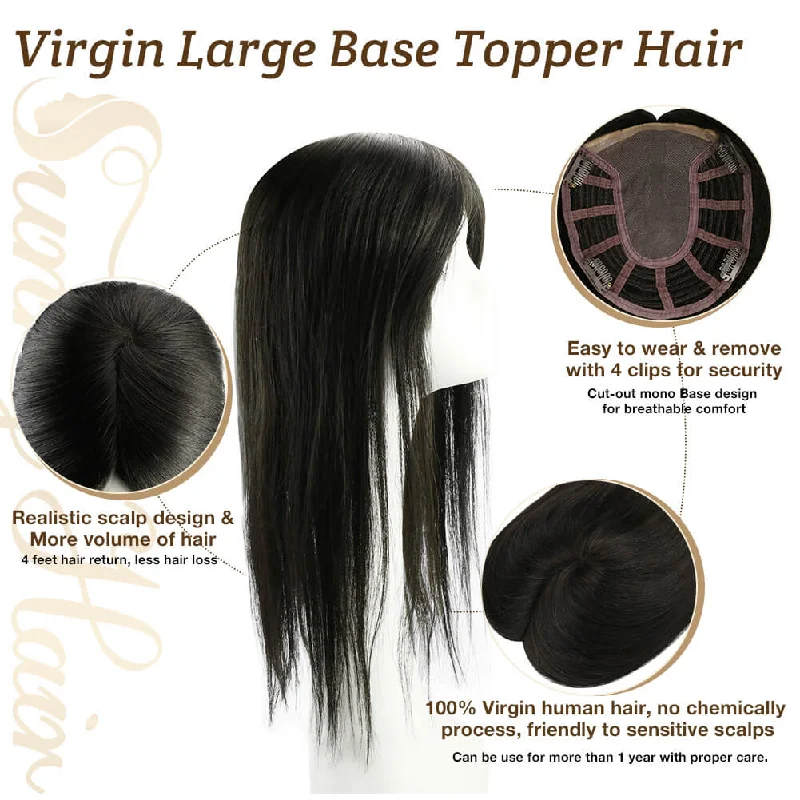 Natural Black Virgin Hair Mono Topper Human Hair Clip in Toupee #1B