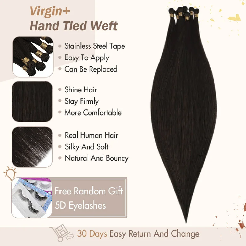 Vivien Virgin+ Hand-tied Real Human Hair Weft Soft Hair Darkest Brown #2