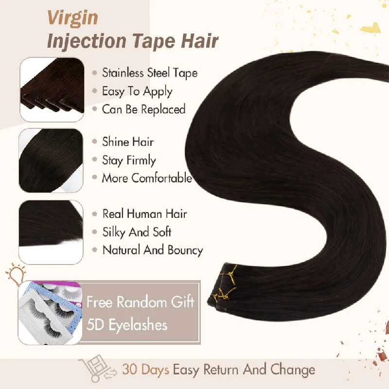 Virgin+ Injection Tape Hair Extensions Real Hair Darkest Brown #2