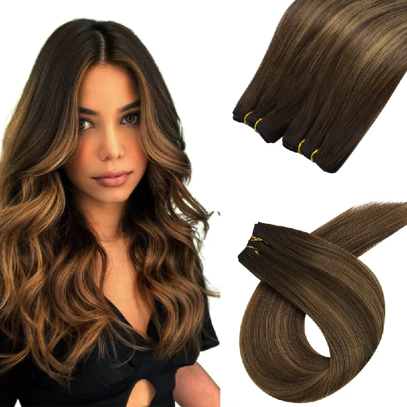 Sew in Hair Extensions Balayage Brown Real Virgin Hair Weft Bundles Weave for Women #DU