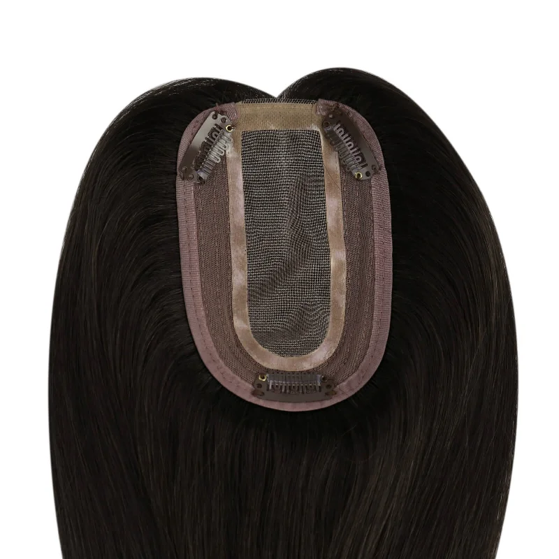 Real Virgin Clip in Crown Medium Hair Topper Hand-Made Hair Off Black Without Bangs for Women (#1b)