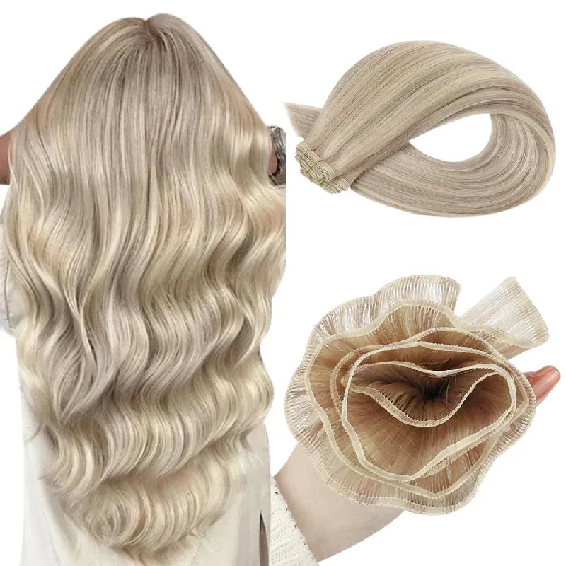 Moresoo Weft Extensions Virgin Silk Flat Human Hair Bundles Highlight Blonde (#18P/613)