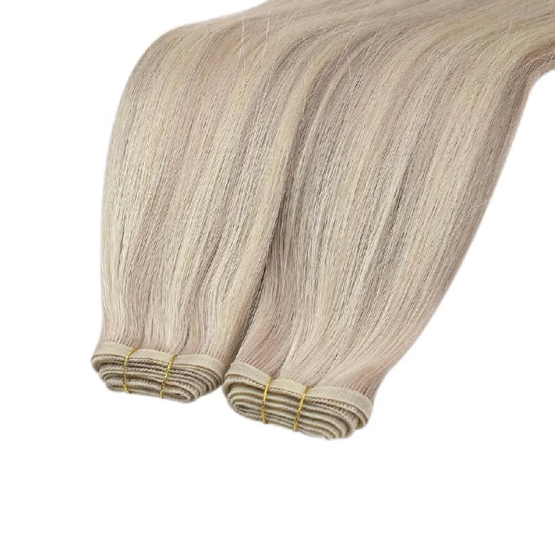 Moresoo Weft Extensions Virgin Silk Flat Human Hair Bundles Highlight Blonde (#18P/613)