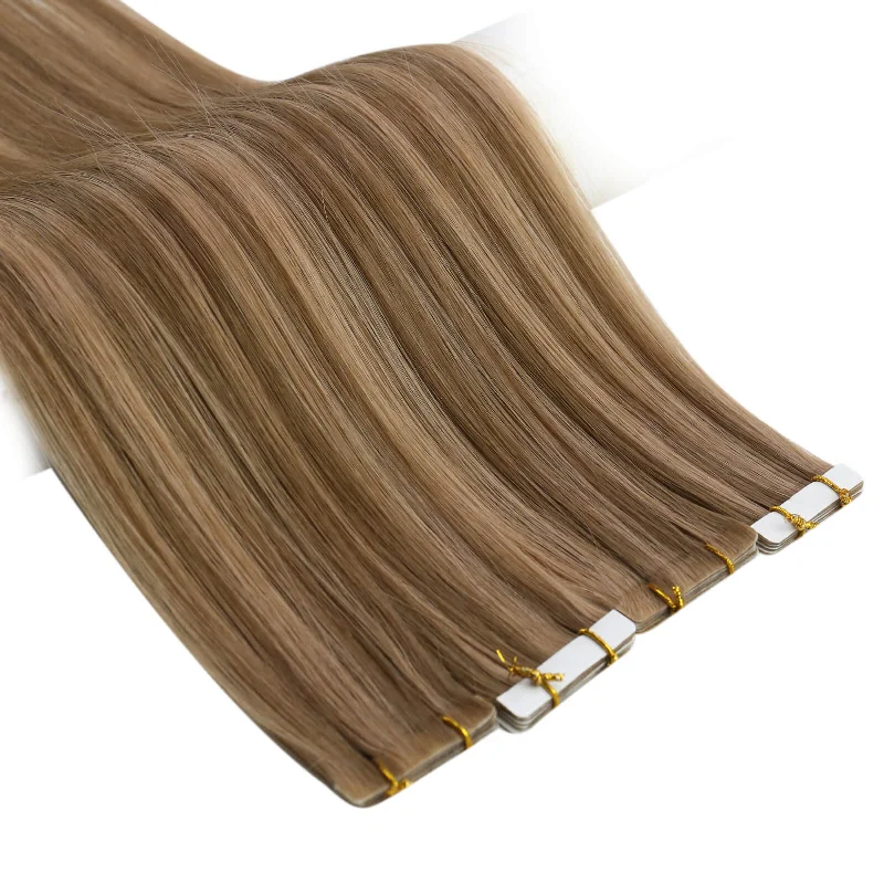 Tape in Hair Extensions Highlight Brown Blonde Real Human Virgin Hair Extensions #P6/10