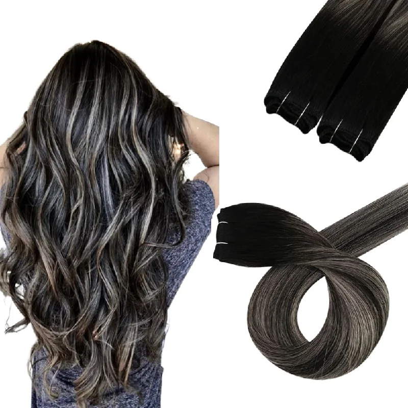 Virgin Hair Weft Sew in Extensions Balayage Black Ombre Silver Real Hair Bundles #1B/Silver/1B