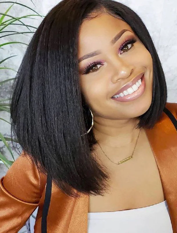 Yaki Straight Short Bob Human Hair Glueless Full Lace Wigs